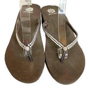 Yellow Box NWOB Wedge Flip Flop Sandal Womens 10 Brown Rhinestone Thong Platform